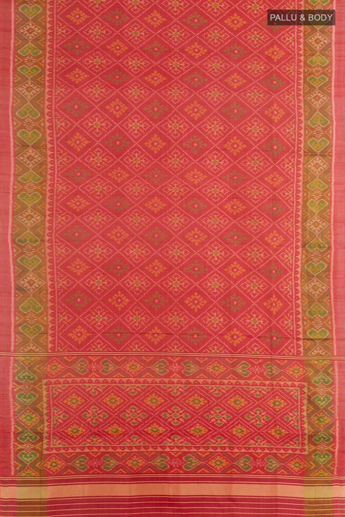 Flat view of Pure Silk Imperial Red Rajkot Patola Saree with Pure Ikat on the body and Zari Border. 