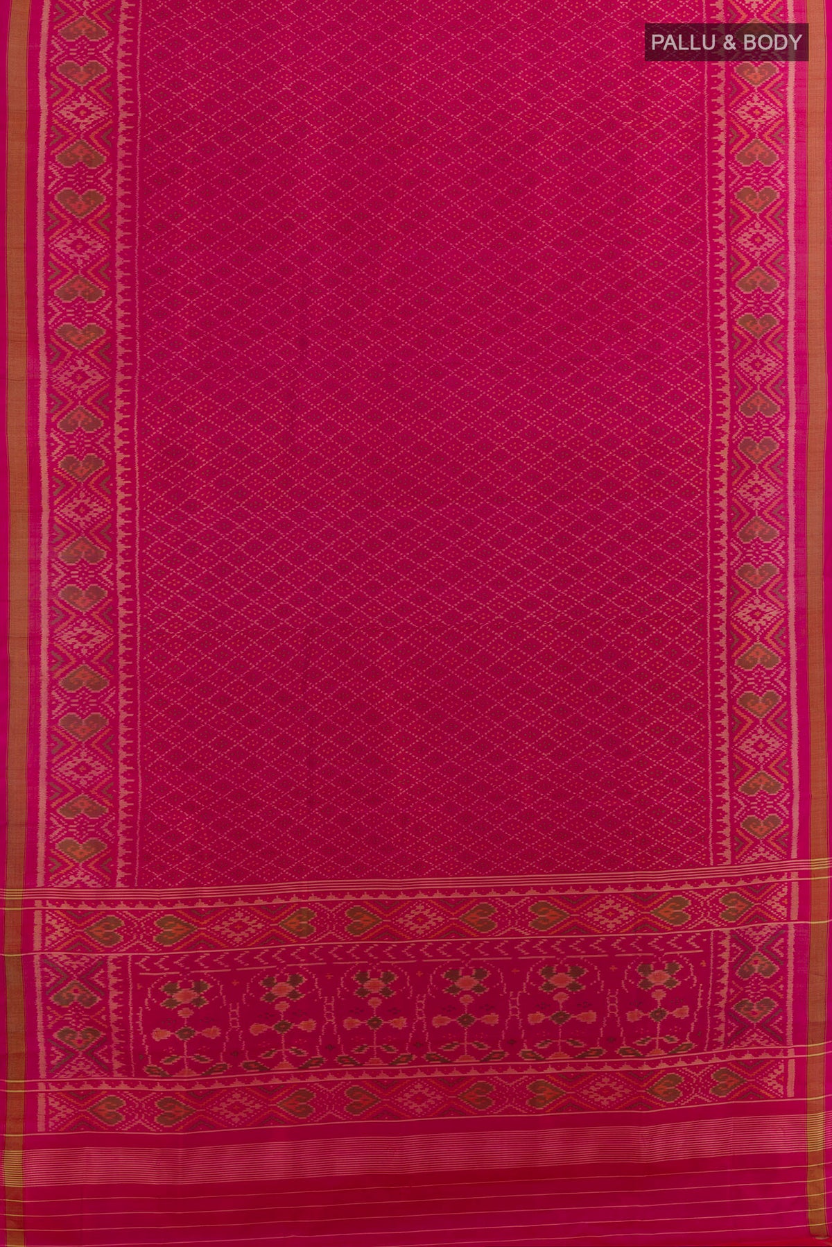 Flat view of Pure Silk Pink Rajkot Patola Saree with Pure Ikat on the body and Ikat Border. 