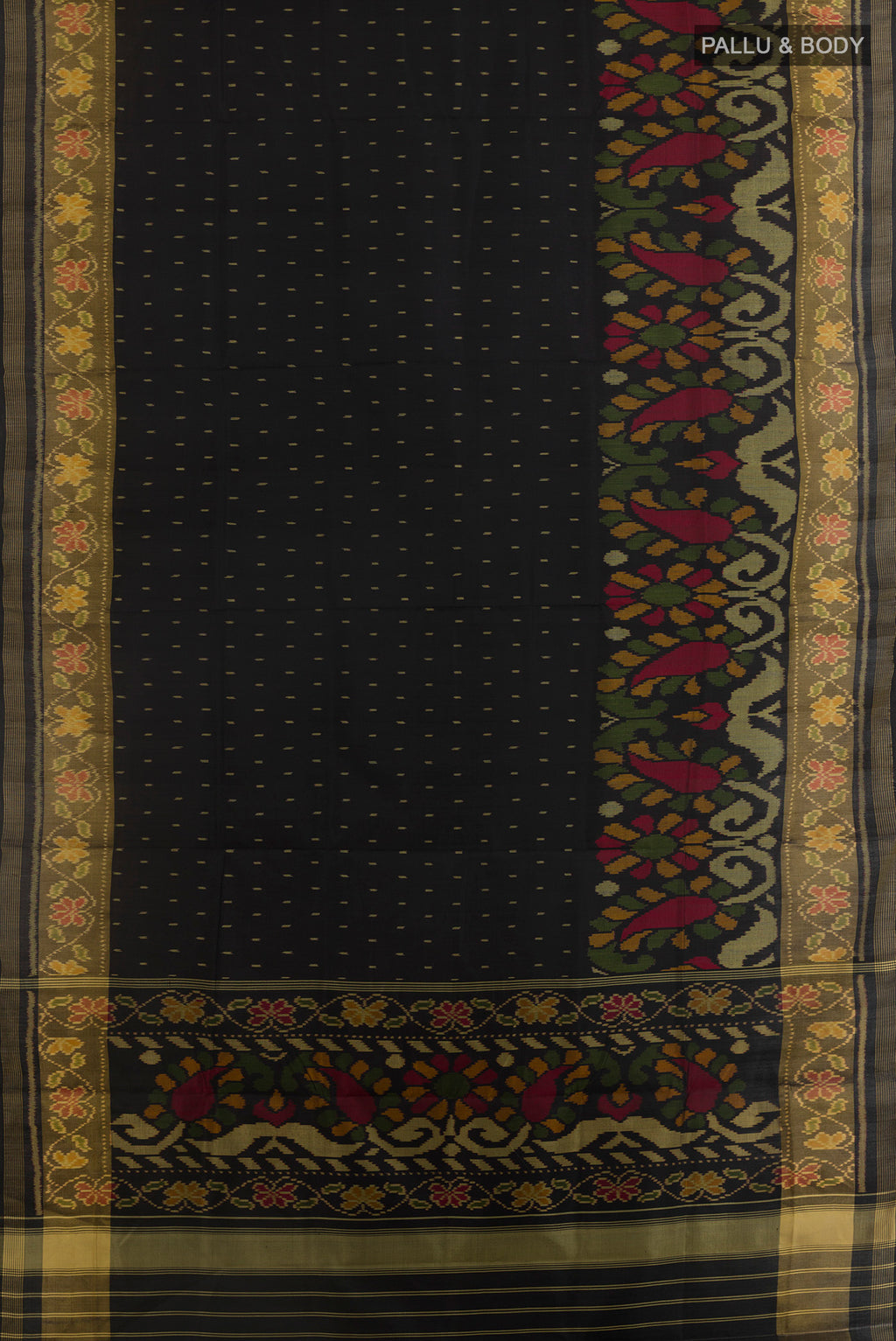 Flat view of Pure Silk Black Rajkot Patola Saree with Pure Ikat on the body and Ikat Border. 