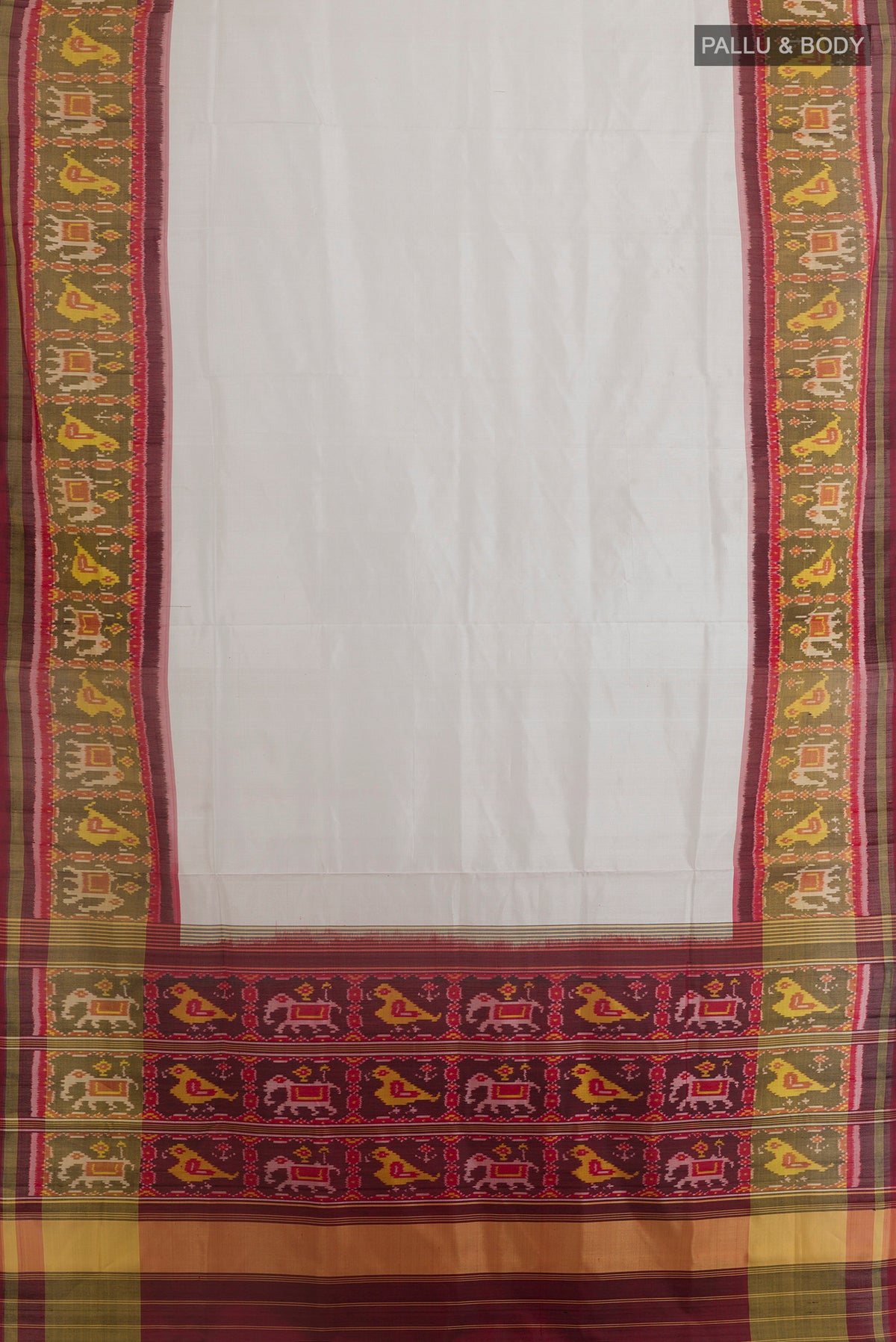 Flat view of Pure Silk Off White Rajkot Patola Saree with Plain Body and Ikat Border. 
