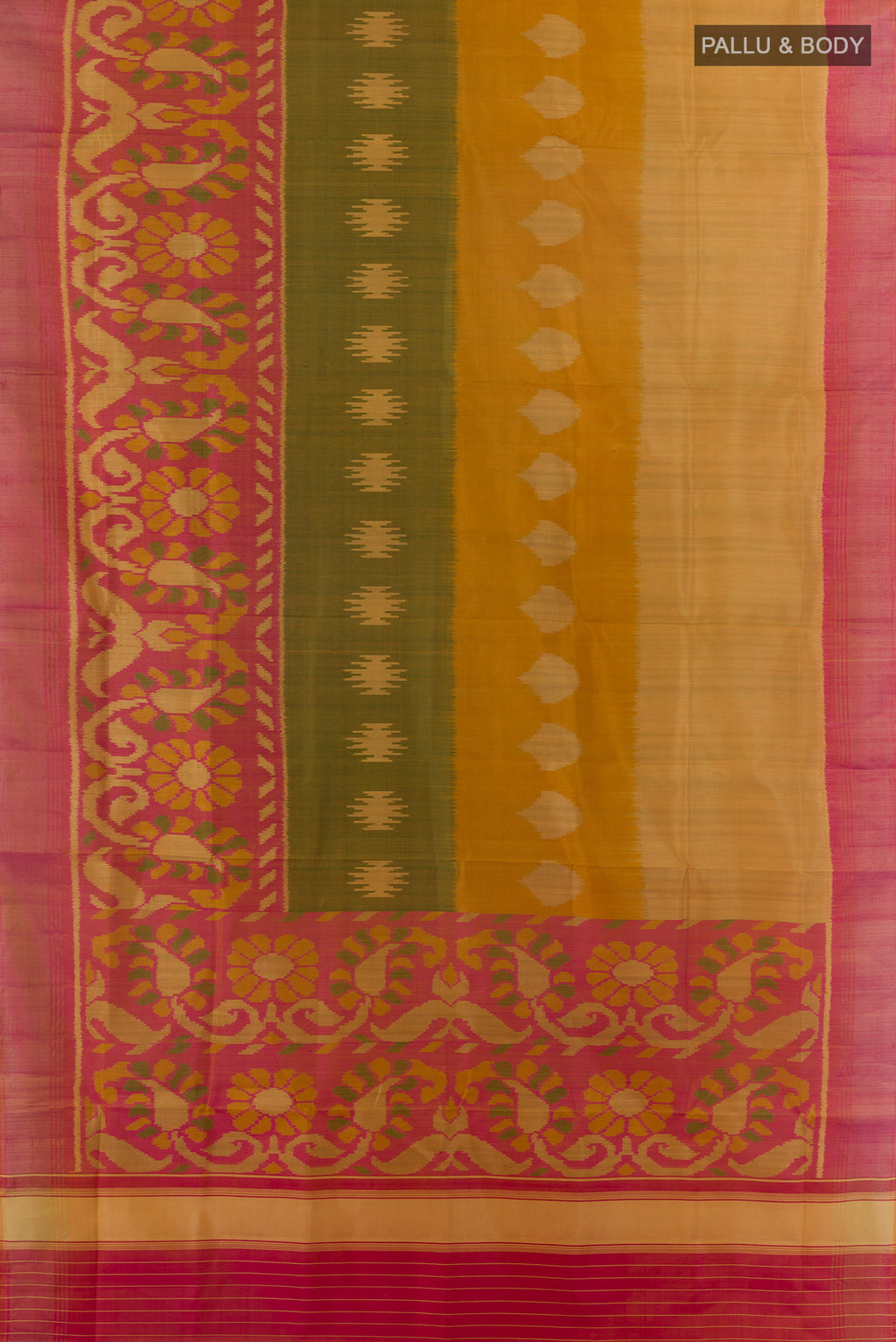 Flat view of Pure Silk Multi Color Rajkot Patola Saree with Pure Ikat on the body and Ikat Border. 
