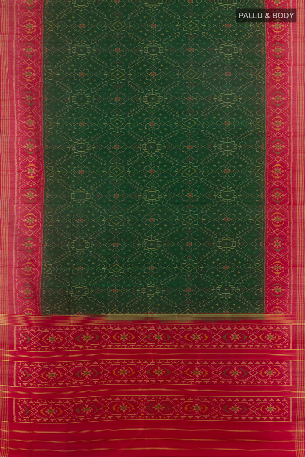 Flat view of Pure Silk Green Rajkot Patola Saree with Pure Ikat on the body and Zari Border. 
