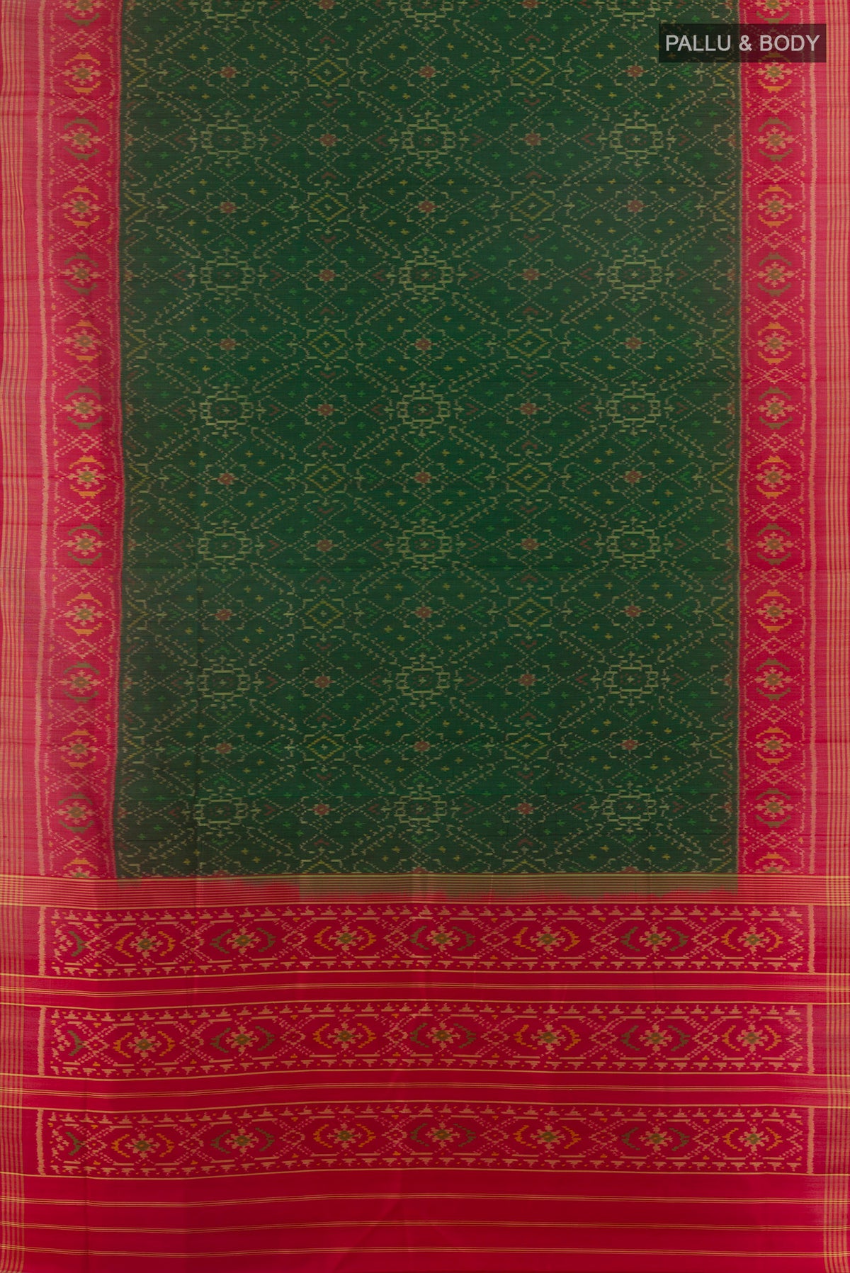 Flat view of Pure Silk Green Rajkot Patola Saree with Pure Ikat on the body and Zari Border. 