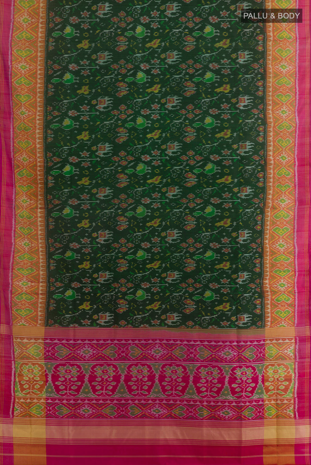 Flat view of Pure Silk Bottle Green Rajkot Patola Saree with Pure Ikat on the body and Ikat Border. 