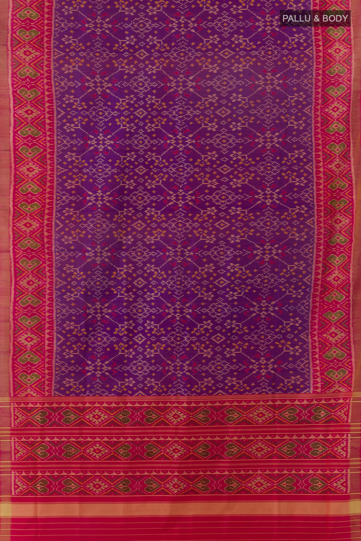 Flat view of Pure Silk Purple Rajkot Patola Saree with Pure Ikat on the body and Ikat Border. 