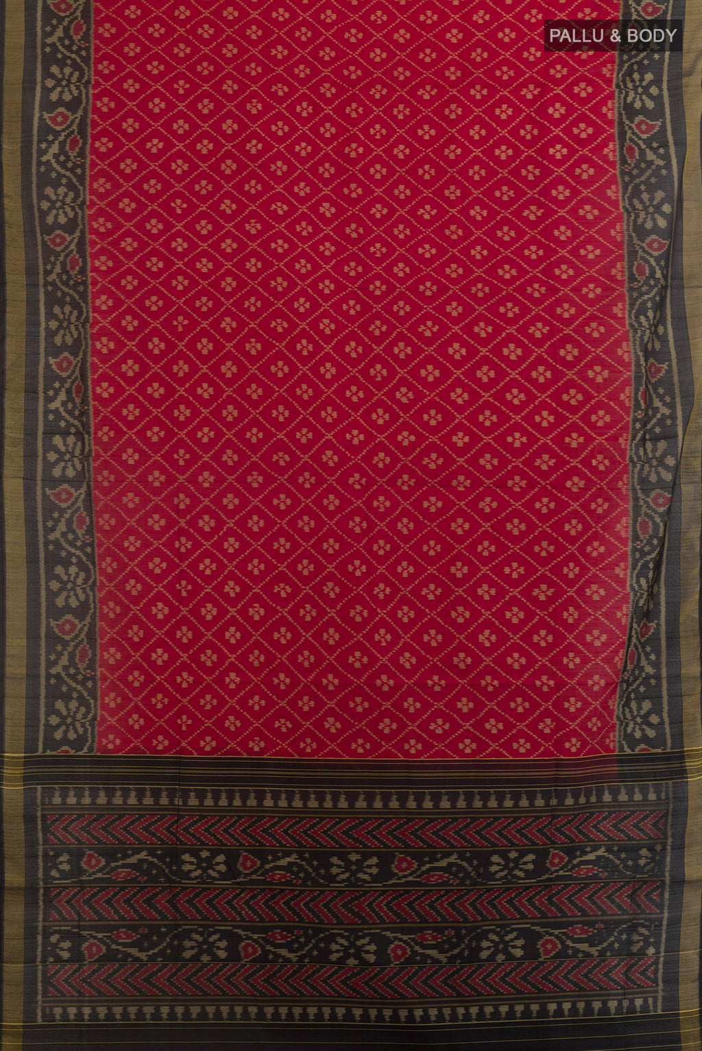 Flat view of Pure Silk Red Rajkot Patola Saree with Pure Ikat on the body and Ikat Border. 