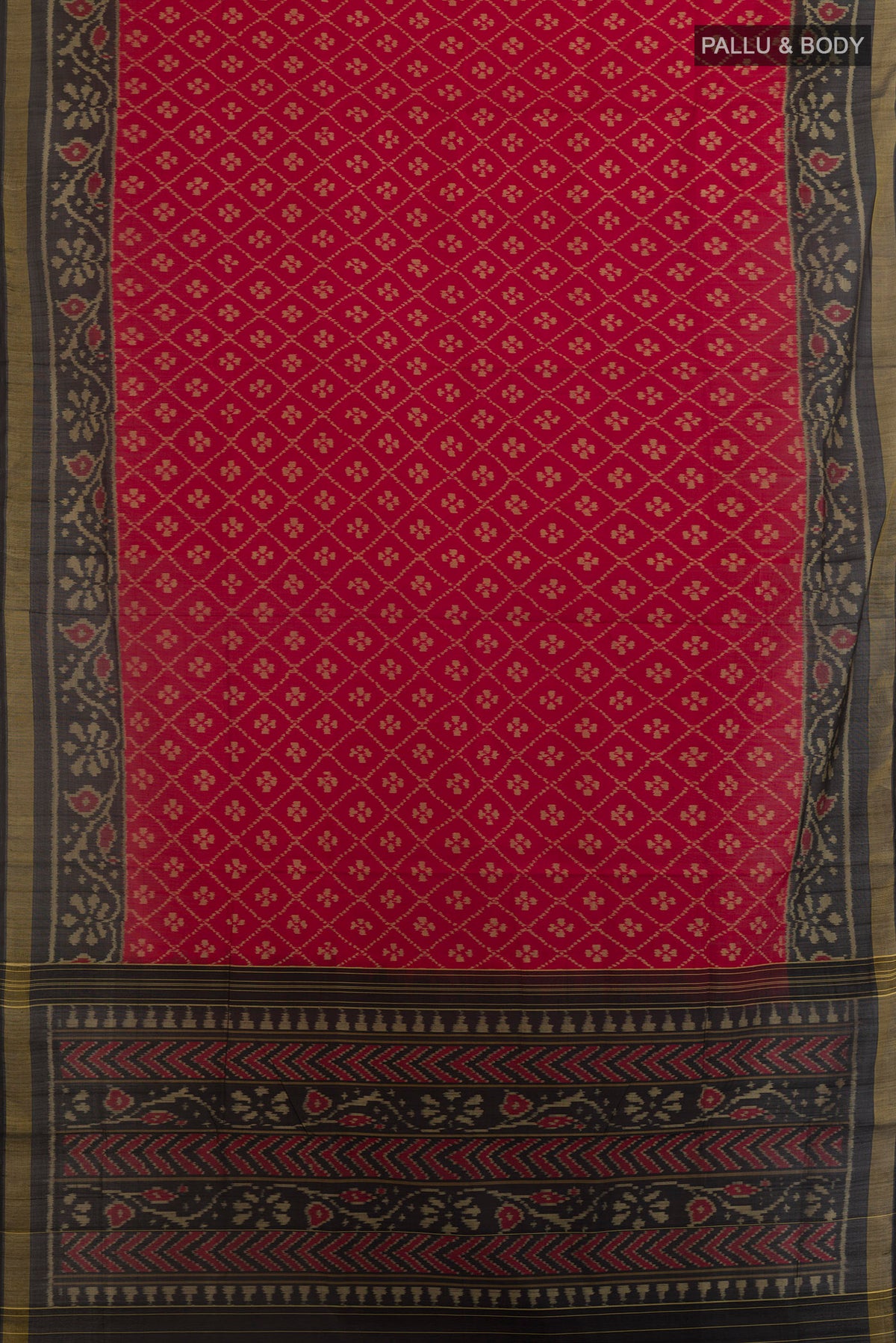 Flat view of Pure Silk Red Rajkot Patola Saree with Pure Ikat on the body and Ikat Border. 