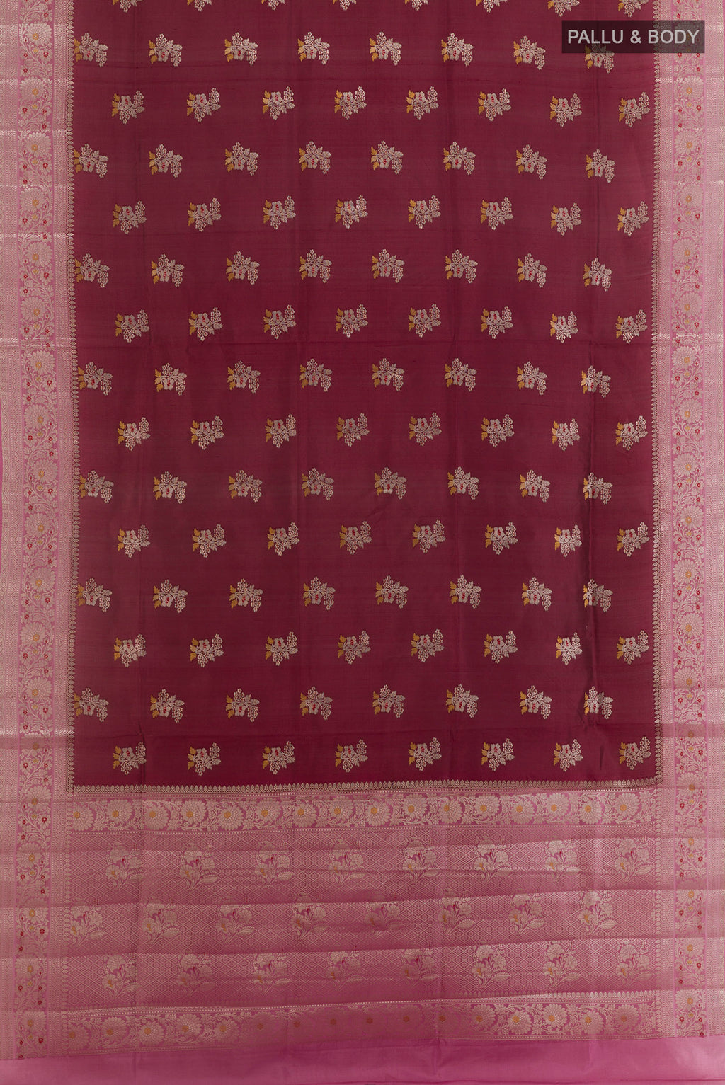 Flat view of Pure Silk Brown Banarasi Raw Saree with Zari Butta on the body and Zari Border. 