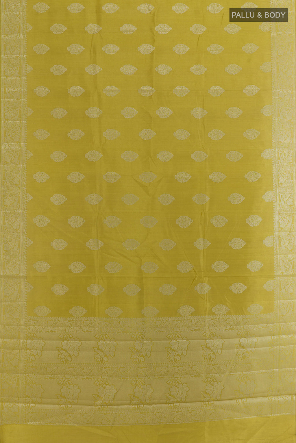 Flat view of Pure Silk Lemon Yellow Banarasi Raw Saree with Zari Butta on the body and Zari Border. 