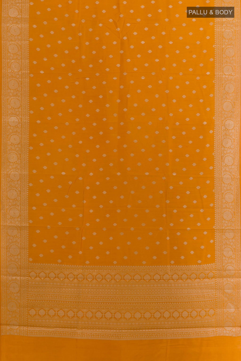Flat view of Pure Silk Yellow Banarasi Raw Saree with Zari Butta on the body and Zari Border. 