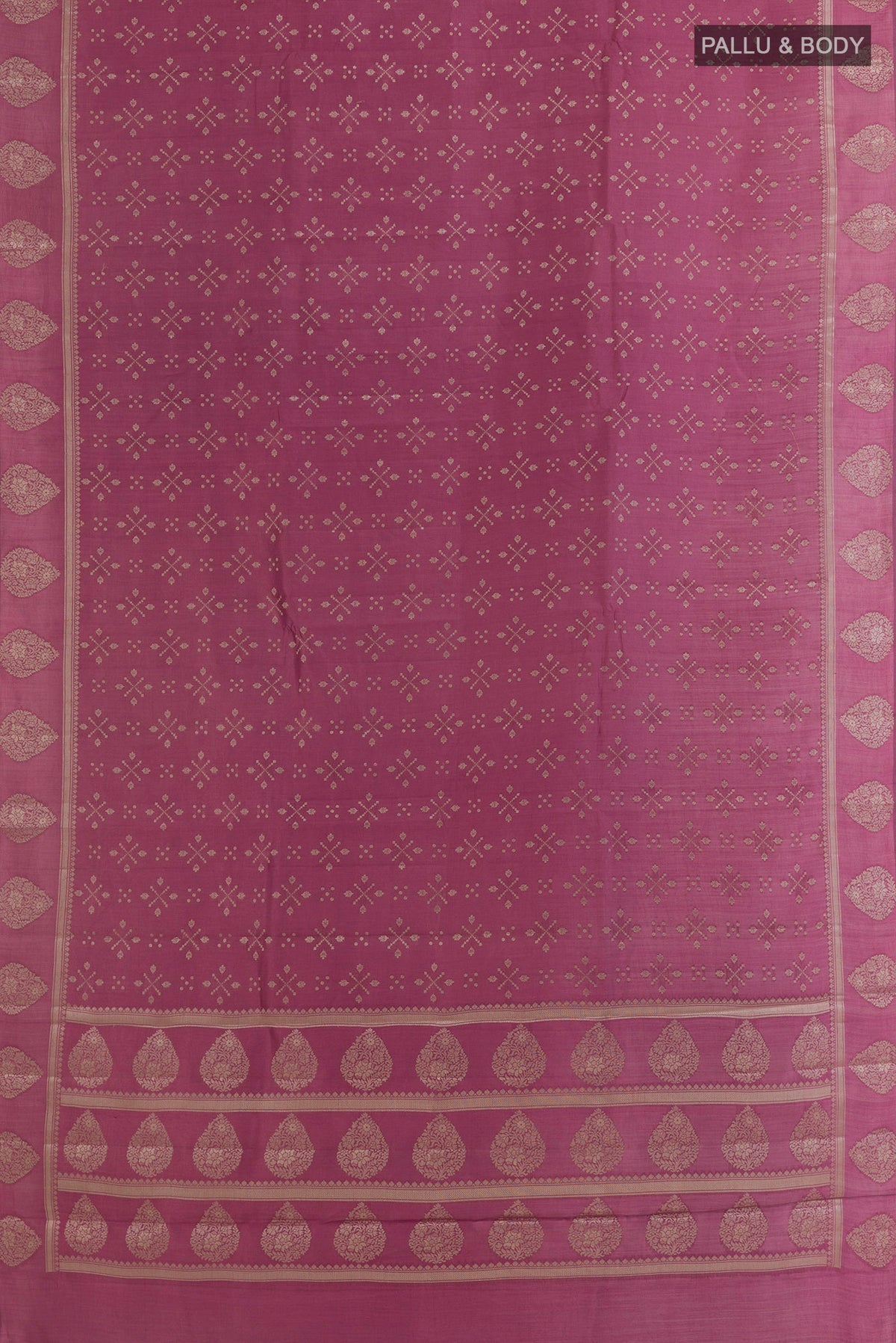 Flat view of Pure Silk Mauve Banarasi Raw Saree with Zari Butta on the body and Zari Border. 
