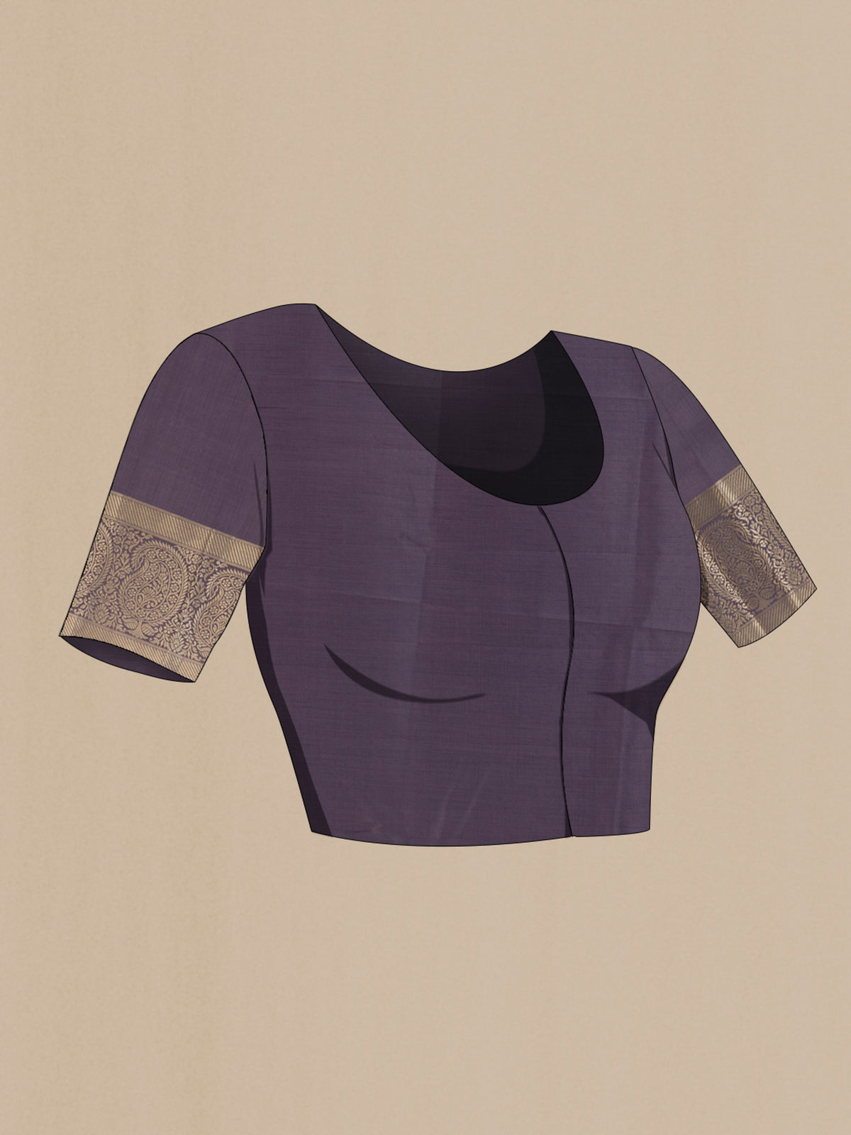 Close up image of the blouse of Pure Silk Davys Grey Banarasi Raw Saree with Zari Butta on the body and Zari Border. 