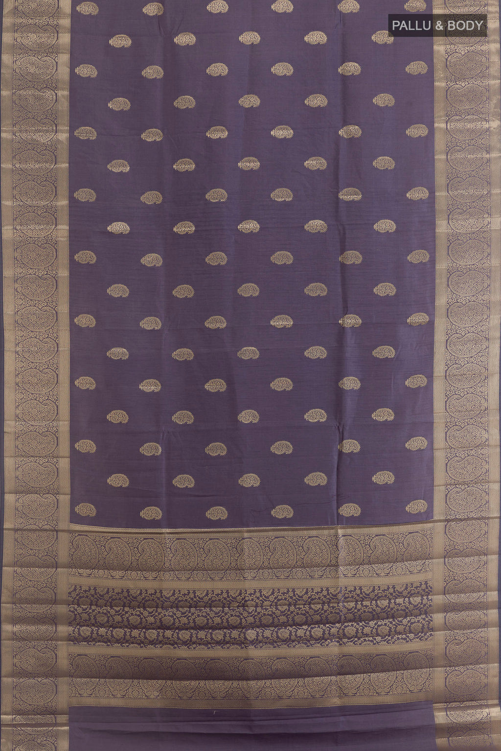 Flat view of Pure Silk Davys Grey Banarasi Raw Saree with Zari Butta on the body and Zari Border. 