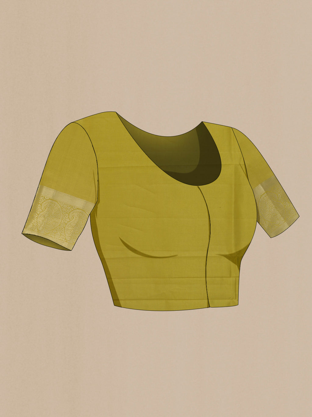 Close up image of the blouse of Pure Silk Lemon Yellow Banarasi Raw Saree with Zari Butta on the body and Zari Border. 