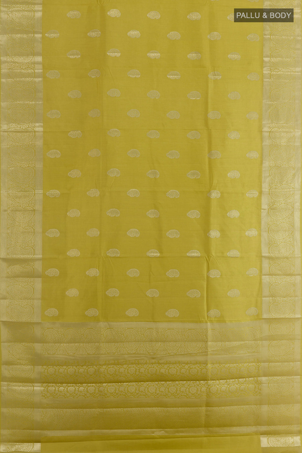 Flat view of Pure Silk Lemon Yellow Banarasi Raw Saree with Zari Butta on the body and Zari Border. 