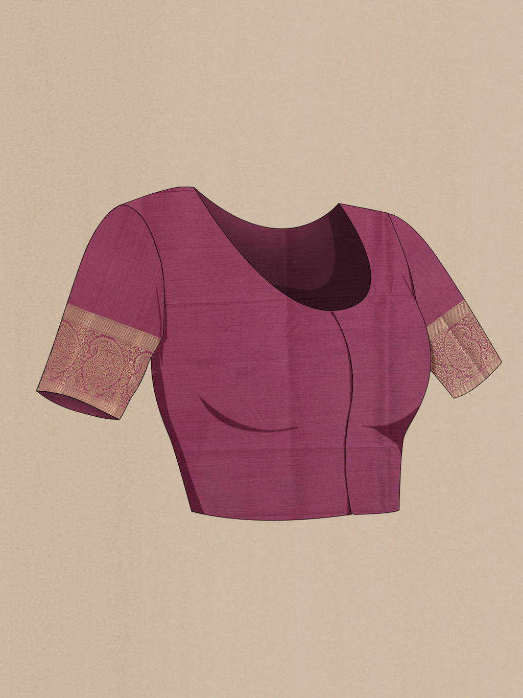 Close up image of the blouse of Pure Silk Mauve Banarasi Raw Saree with Zari Butta on the body and Zari Border. 