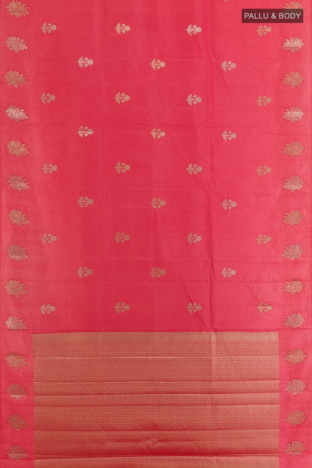 Flat view of Pure Silk Coral Banarasi Raw Saree with Zari Butta on the body and Zari Border. 