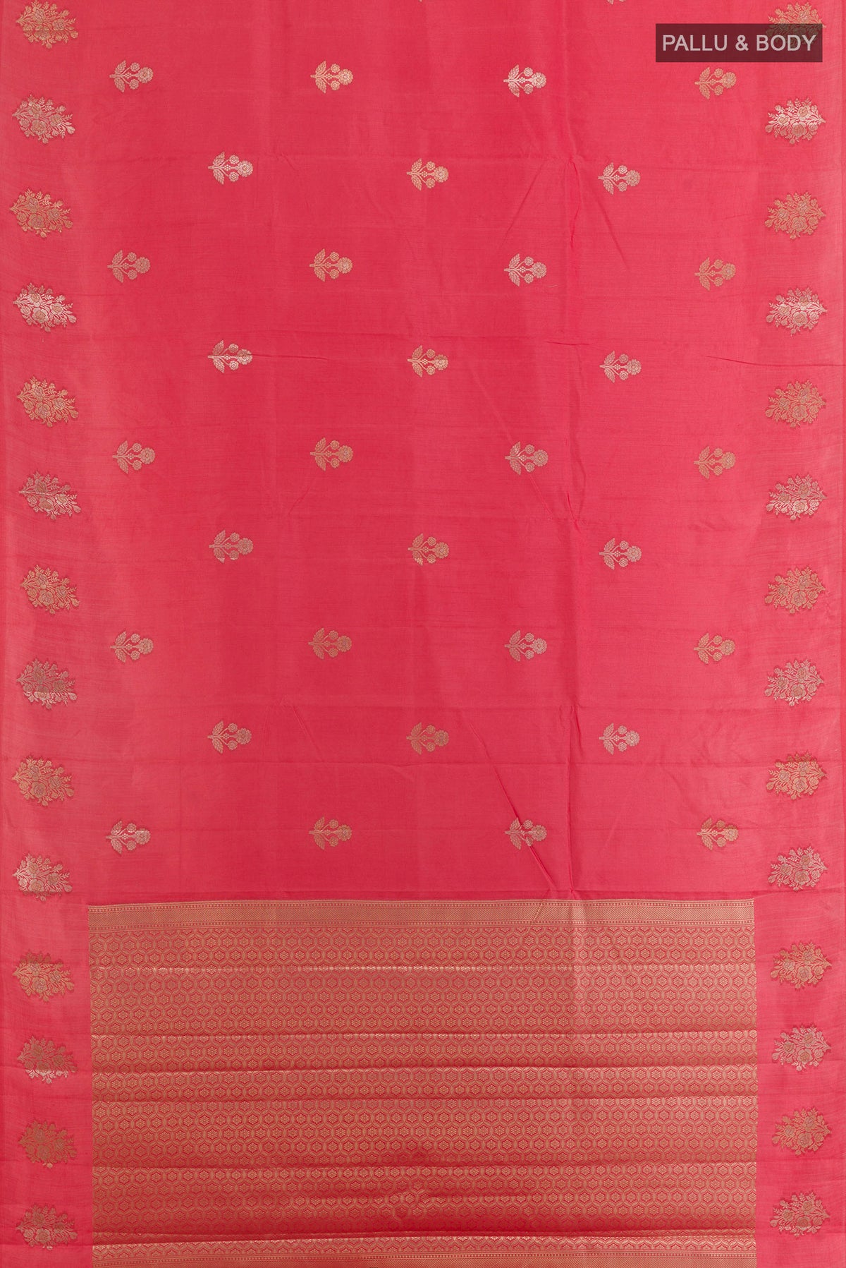 Flat view of Pure Silk Coral Banarasi Raw Saree with Zari Butta on the body and Zari Border. 