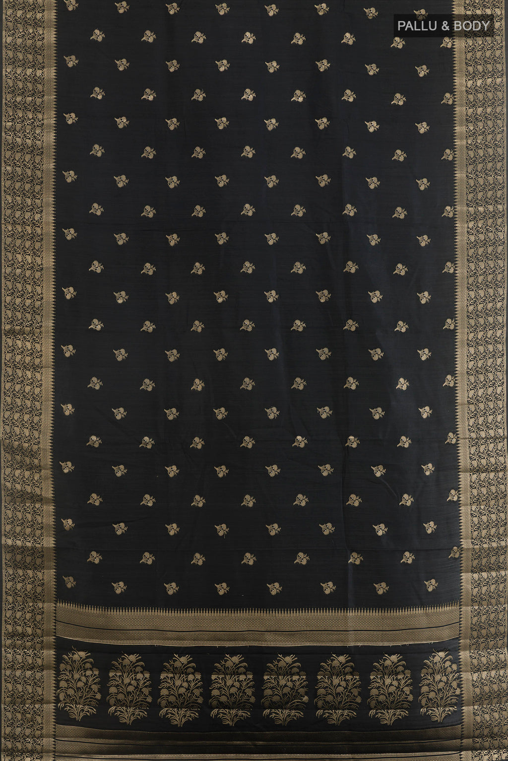 Flat view of Pure Silk Black Banarasi Raw Saree with Zari Butta on the body and Zari Border. 