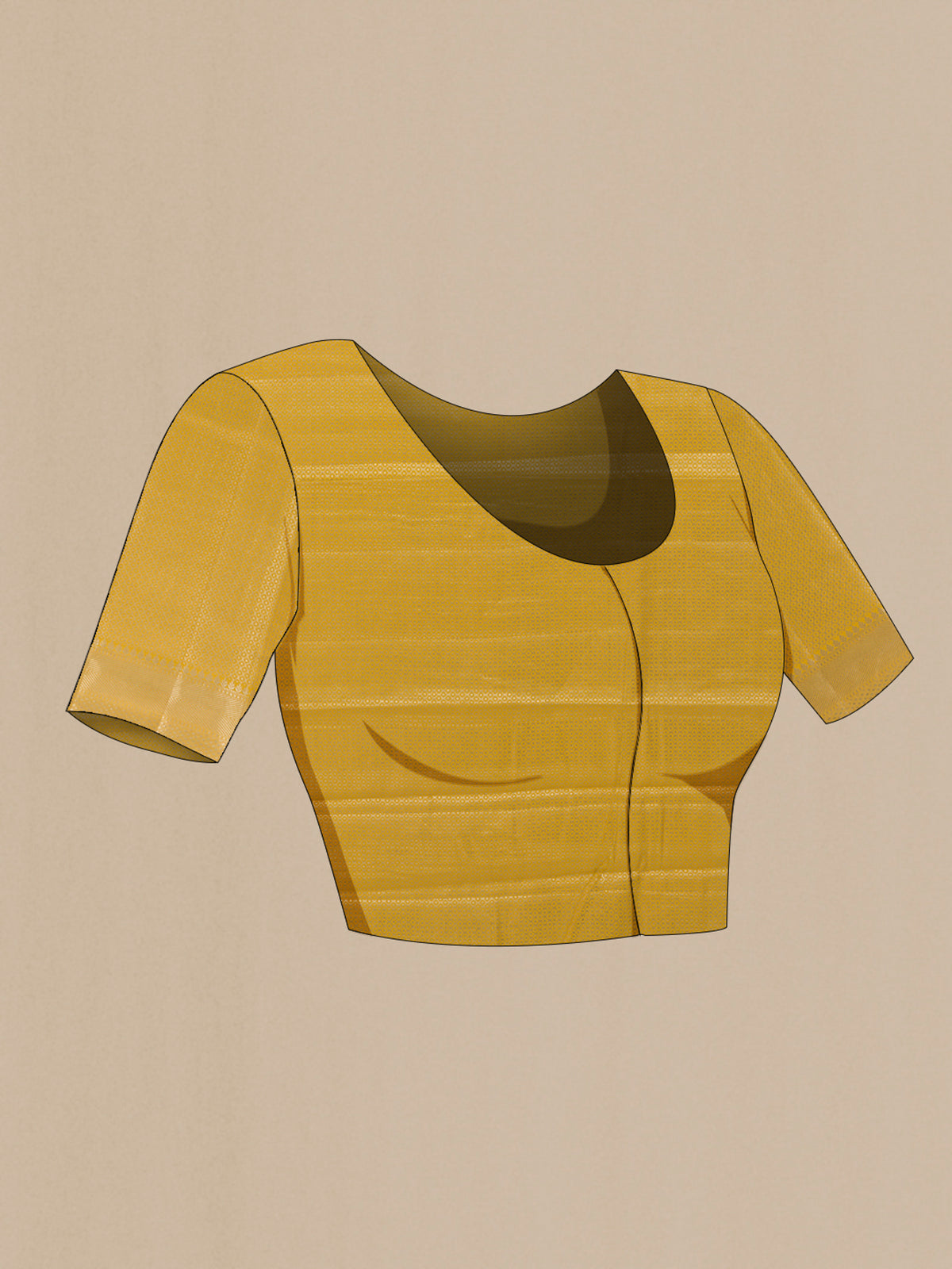 Close up image of the blouse of Pure Silk Yellow Banarasi Raw Saree with Zari Butta on the body and Zari Border. 