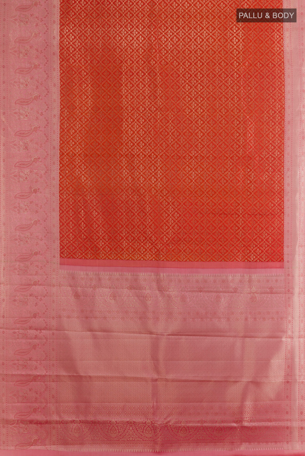 Flat view of Orange Kanchipuram Tissue Saree with Zari Brocade on the body and Zari Border. 