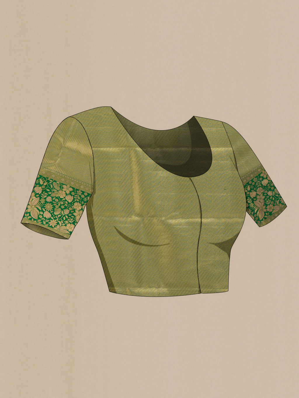 Close up image of the blouse of Golden Dual Tone Kanjivaram Tissue Saree with Zari Brocade on the body and Zari Border. 