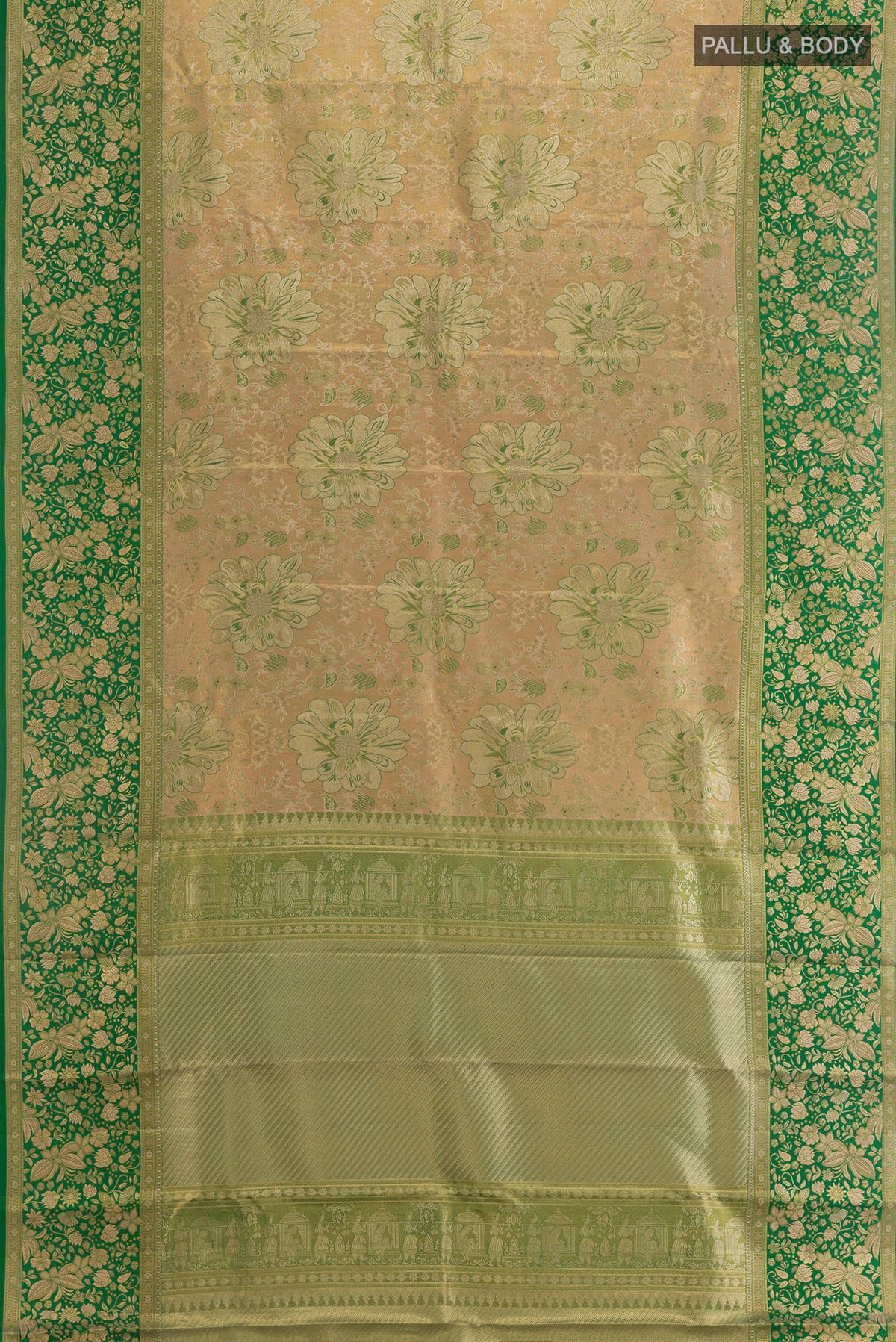 Flat view of Golden Dual Tone Kanjivaram Tissue Saree with Zari Brocade on the body and Zari Border. 