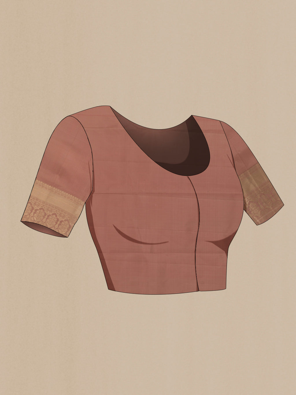 Close up image of the blouse of Pure Silk Peach Kanjivaram Saree with Zari Brocade on the body and Zari Border. 