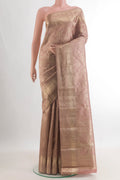 Pure Silk Peach Kanjivaram Saree with Zari Brocade on the body and Zari Border.  displayed on a mannequin