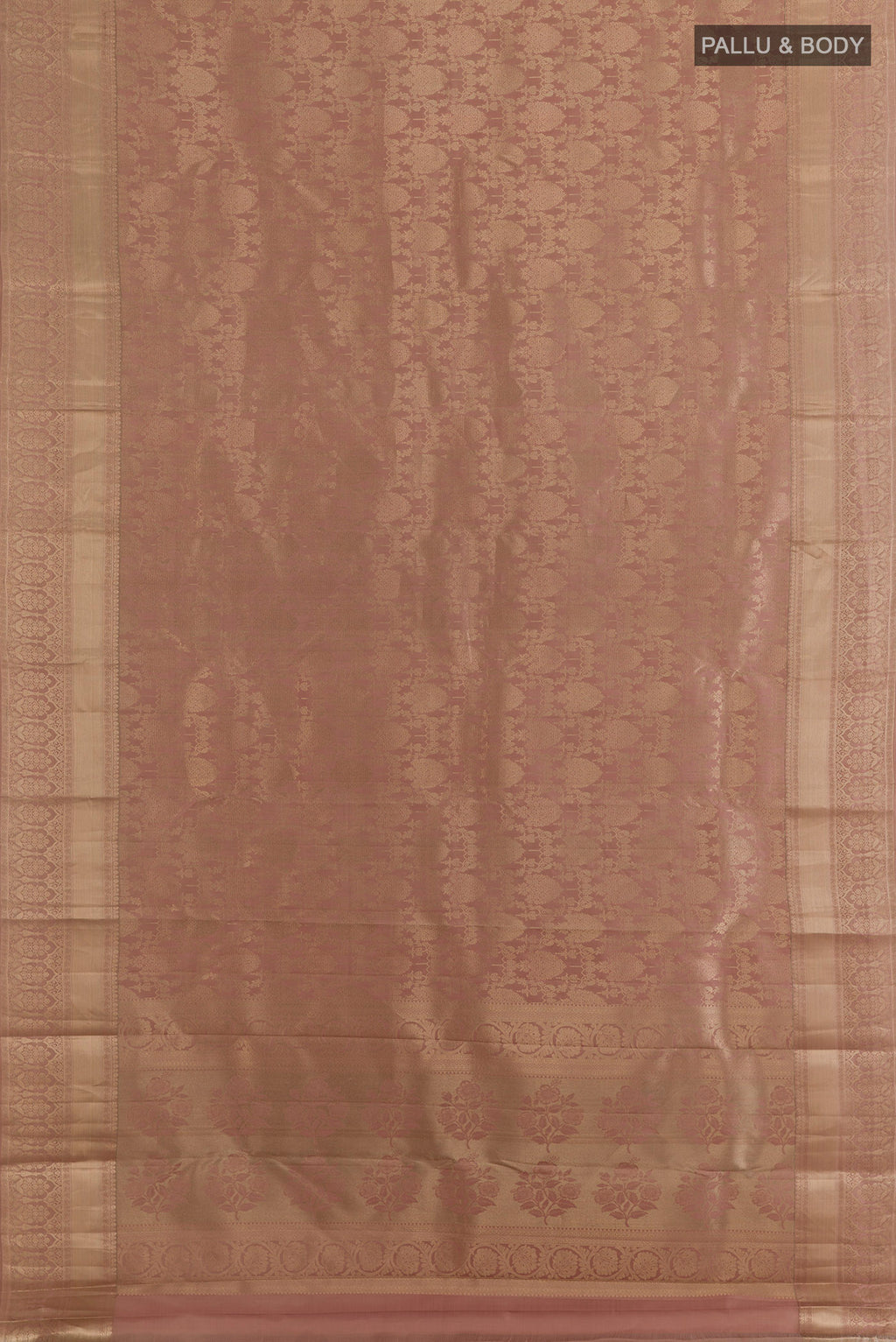 Flat view of Pure Silk Peach Kanjivaram Saree with Zari Brocade on the body and Zari Border. 