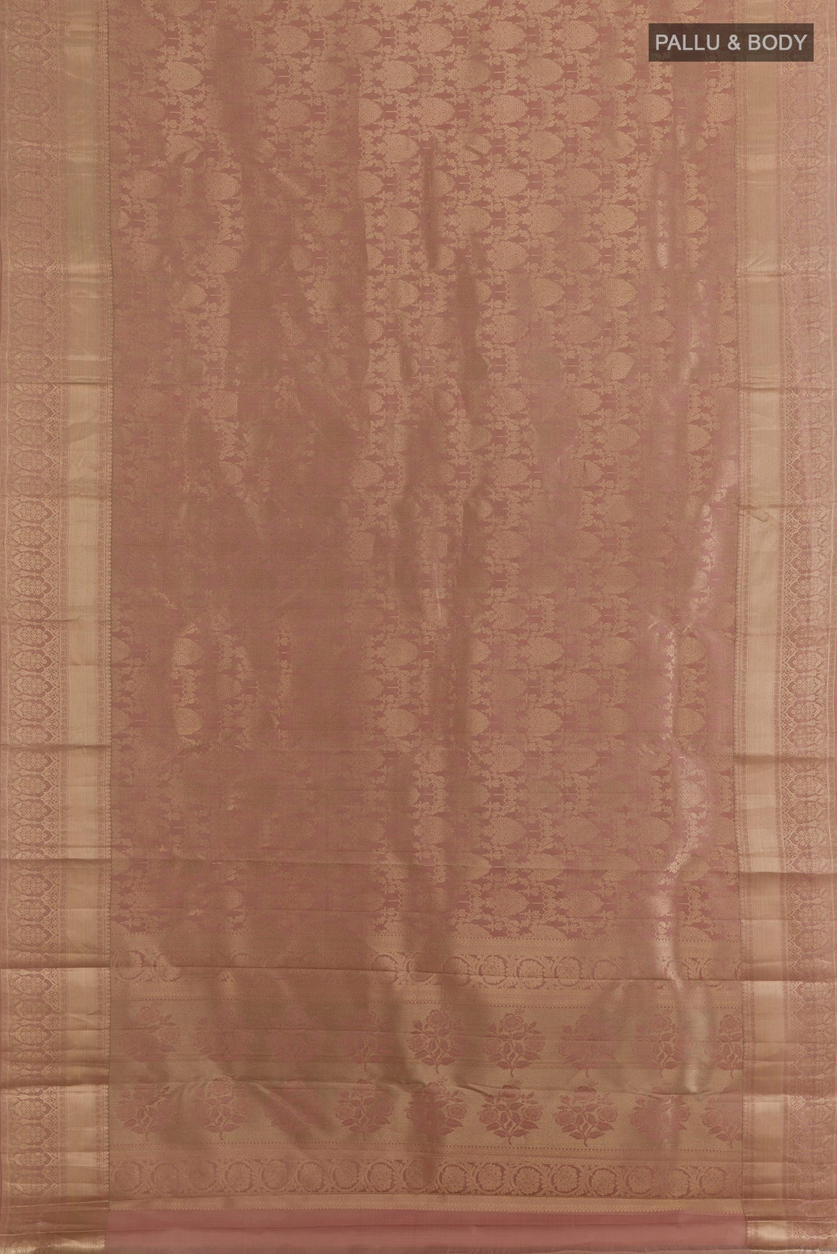 Flat view of Pure Silk Peach Kanjivaram Saree with Zari Brocade on the body and Zari Border. 