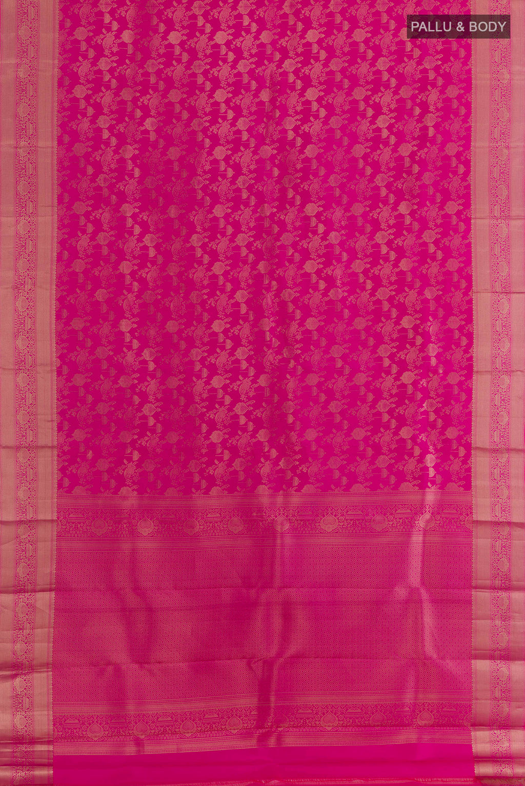 Flat view of Pure Silk Pink Kanjivaram Saree with Zari Brocade on the body and Zari Border. 