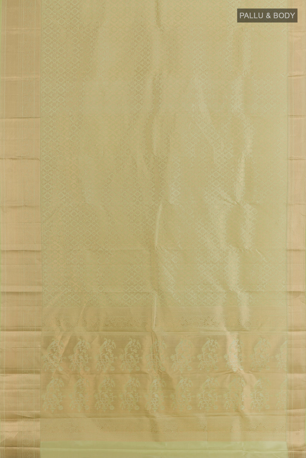 Flat view of Pure Silk Light Green Kanjivaram Saree with Zari Brocade on the body and Zari Border. 