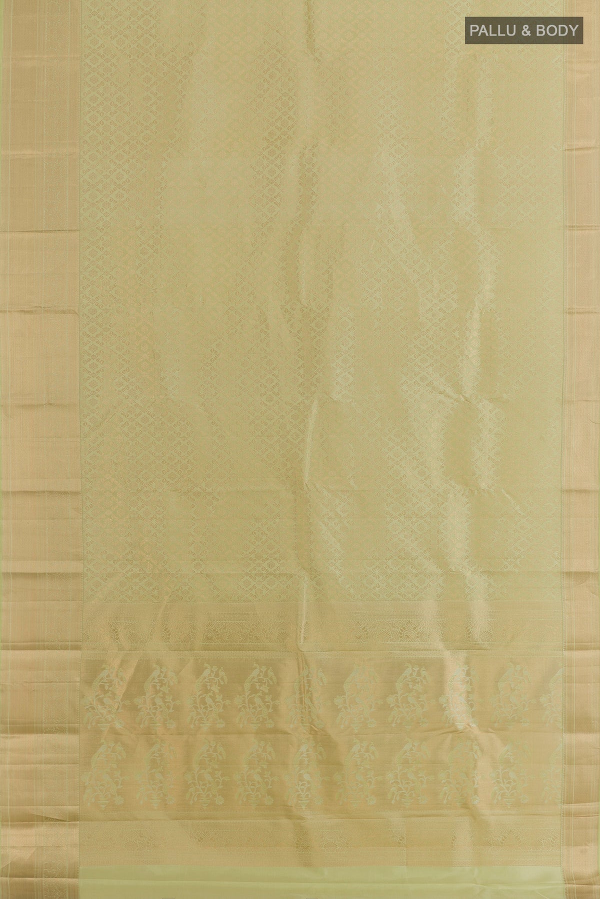 Flat view of Pure Silk Light Green Kanjivaram Saree with Zari Brocade on the body and Zari Border. 
