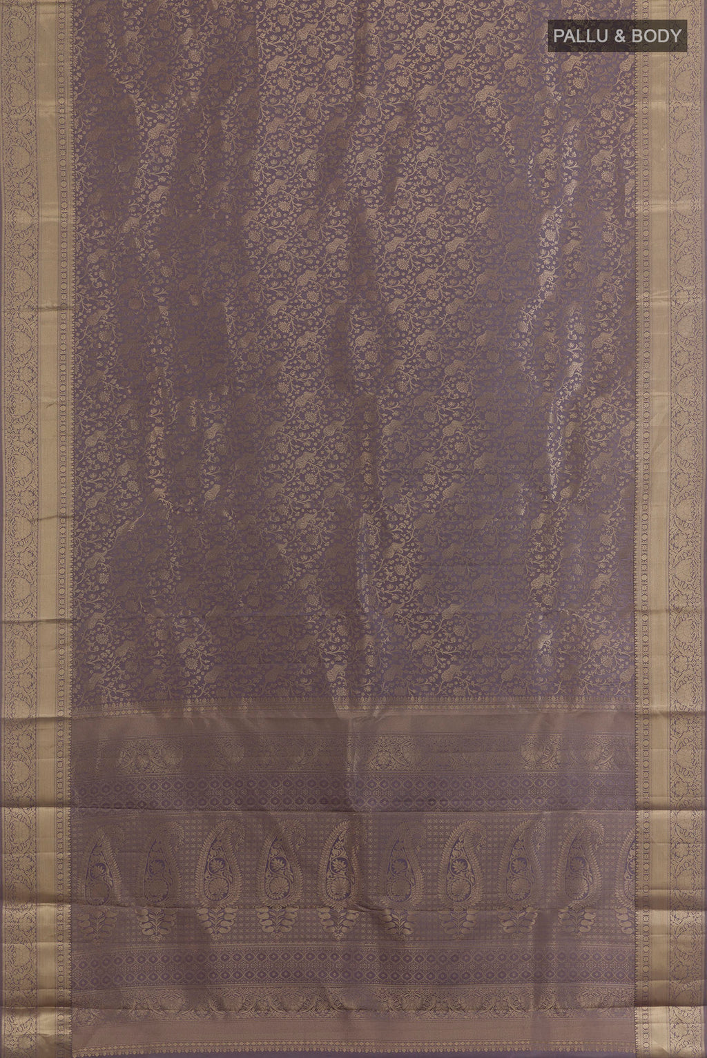 Flat view of Pure Silk Grey Kanjivaram Saree with Zari Brocade on the body and Zari Border. 