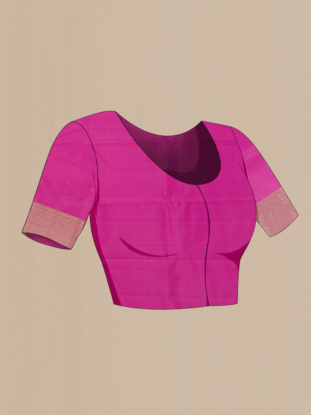 Close up image of the blouse of Pure Silk Pink Kanjivaram Saree with Zari Brocade on the body and Zari Border. 