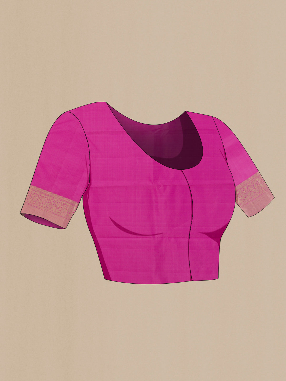 Close up image of the blouse of Pure Silk Pink Kanjivaram Saree with Zari Brocade on the body and Zari Border. 