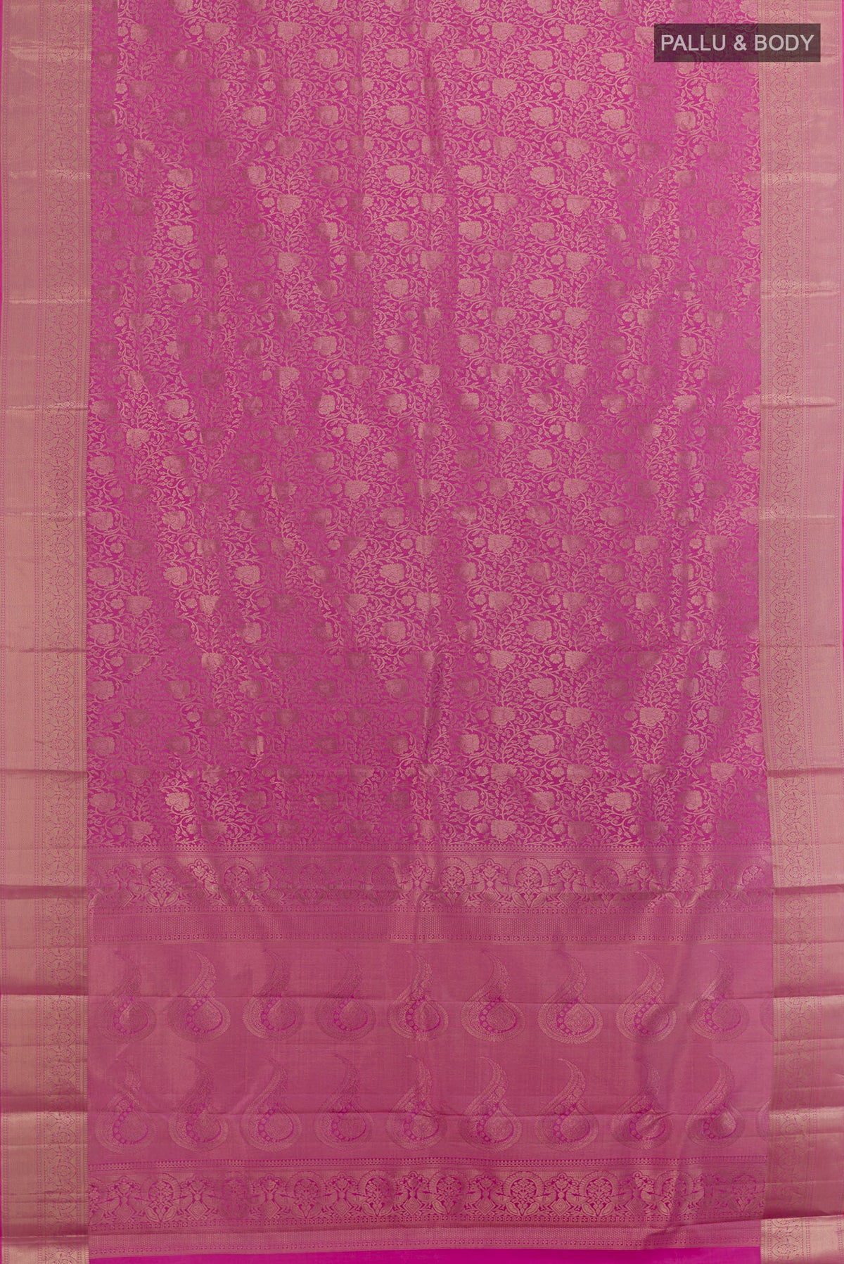 Flat view of Pure Silk Pink Kanjivaram Saree with Zari Brocade on the body and Zari Border. 
