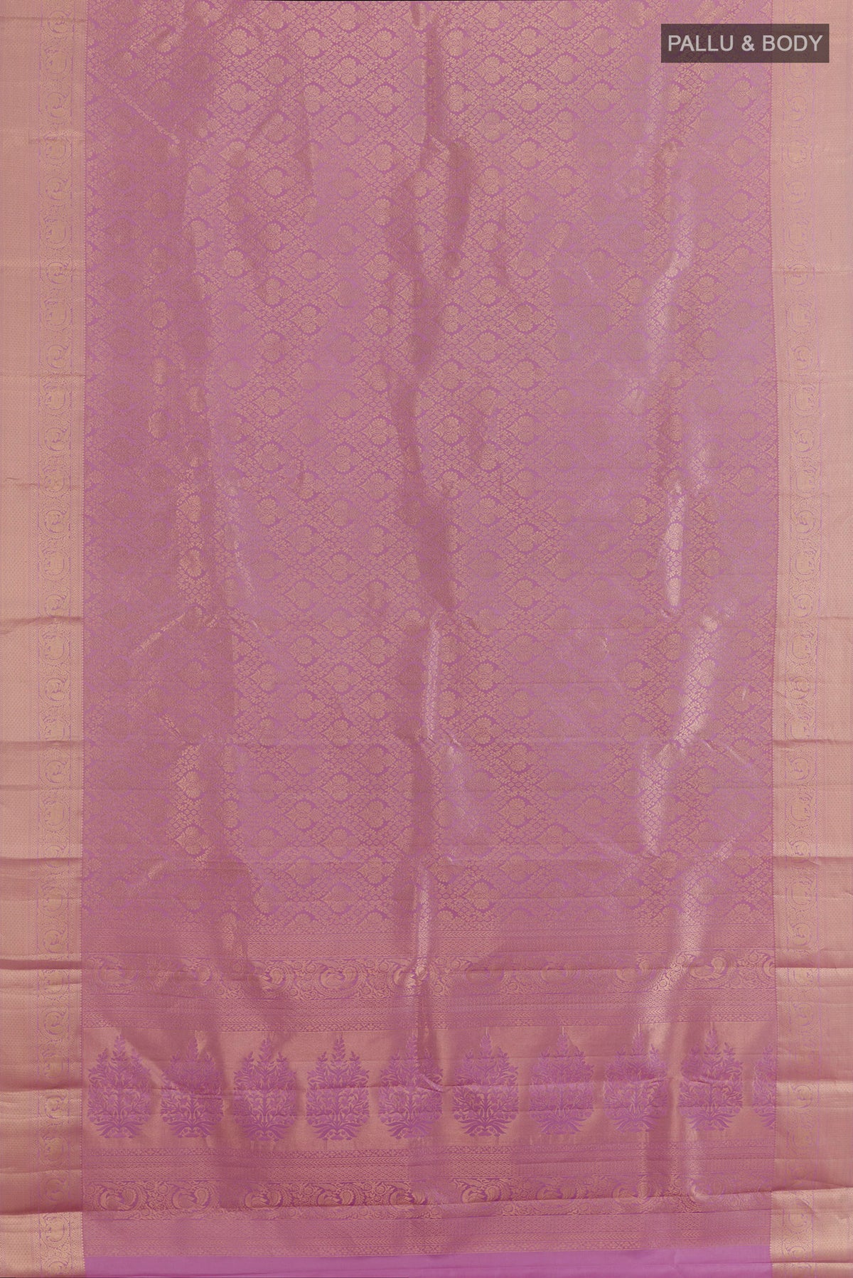 Flat view of Pure Silk Lavender Kanjivaram Saree with Zari Brocade on the body and Zari Border. 