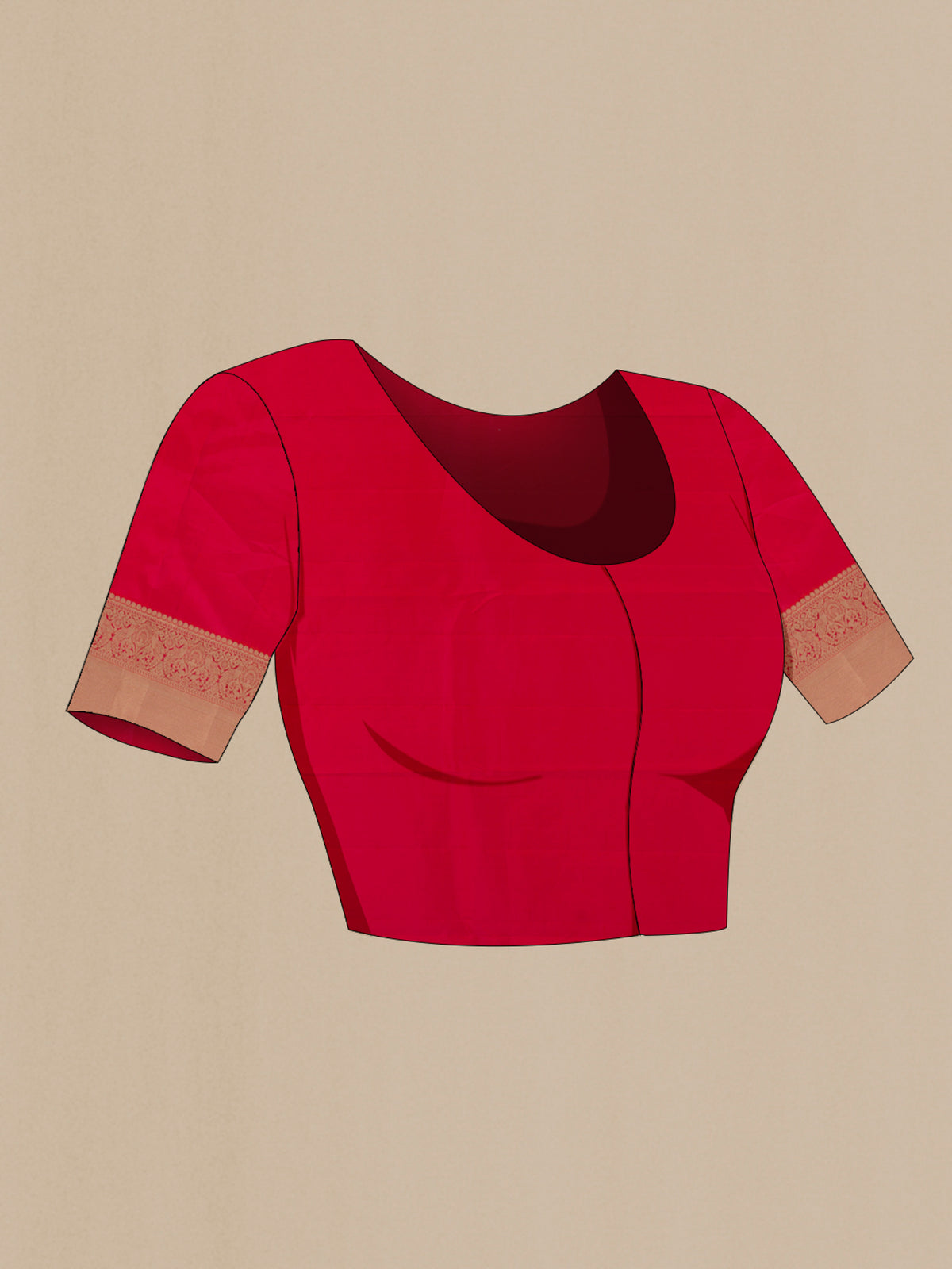 Close up image of the blouse of Pure Silk Red Kanjivaram Saree with Zari Brocade on the body and Zari Border. 