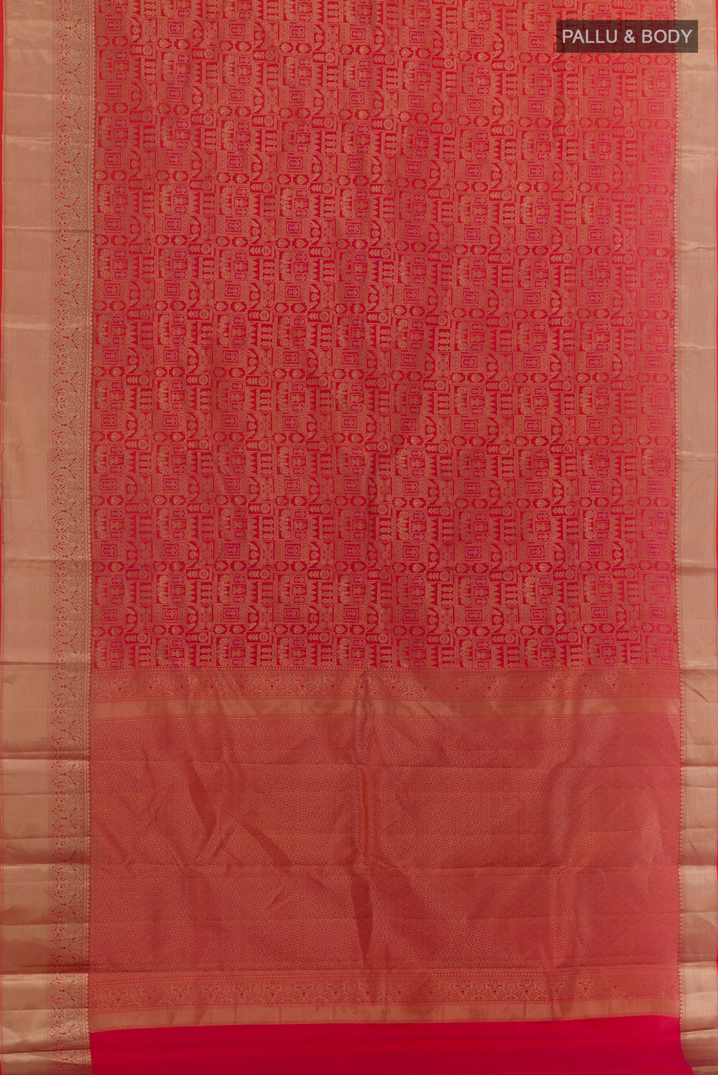 Flat view of Pure Silk Red Kanjivaram Saree with Zari Brocade on the body and Zari Border. 
