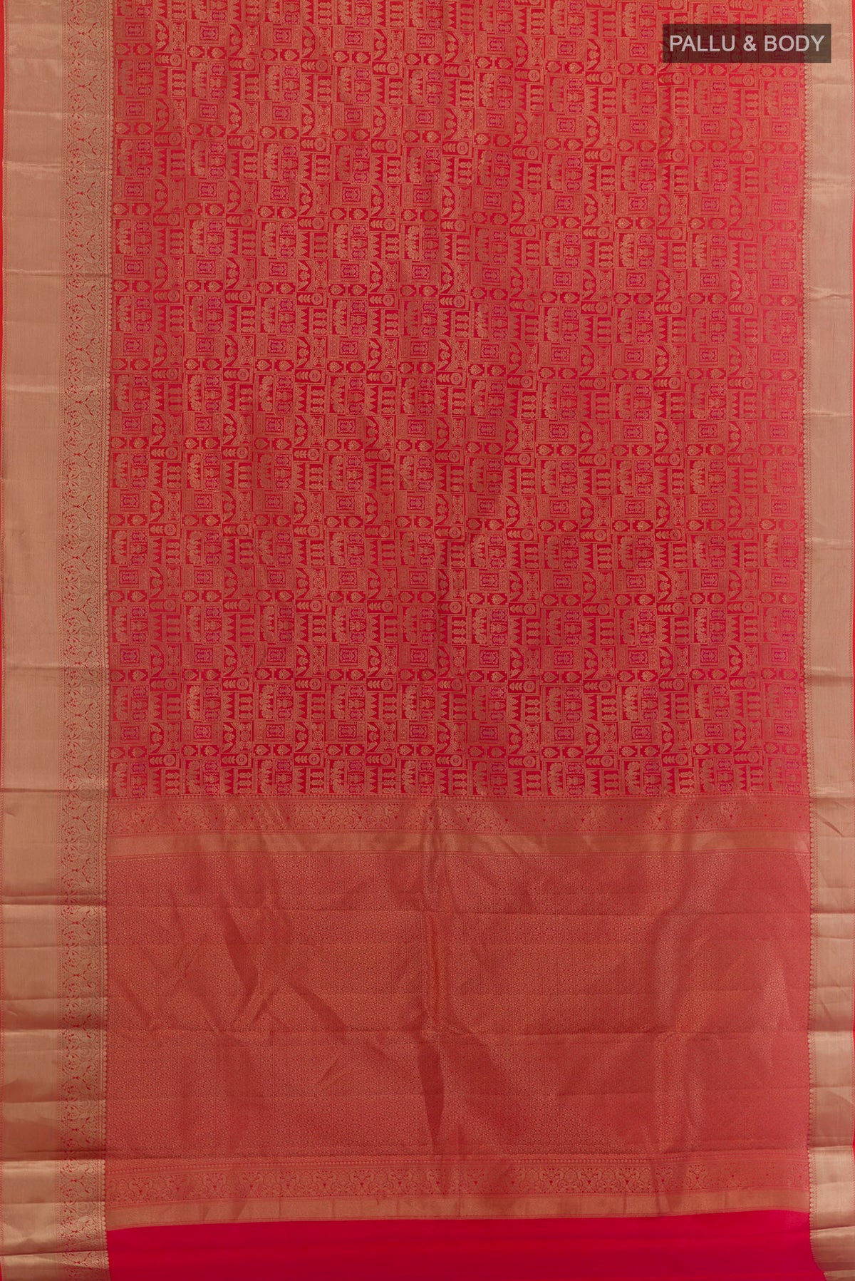 Flat view of Pure Silk Red Kanjivaram Saree with Zari Brocade on the body and Zari Border. 