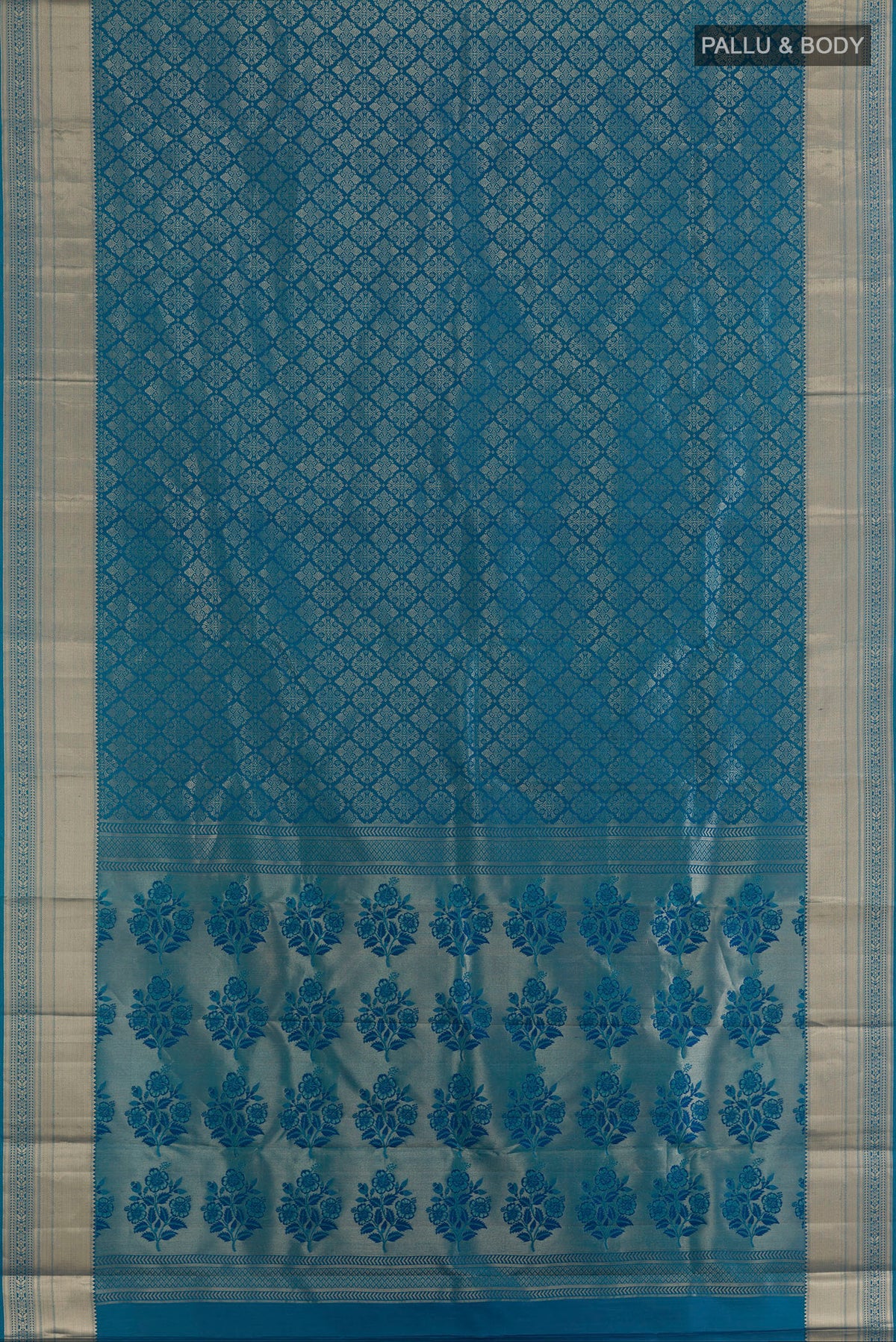 Flat view of Pure Silk Peacock Blue Kanjivaram Saree with Zari Brocade on the body and Zari Border. 