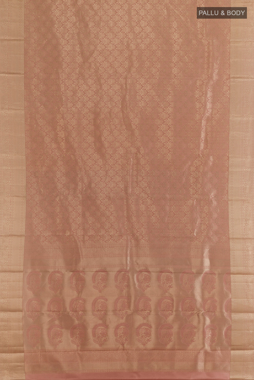 Flat view of Pure Silk Golden Peach Kanjivaram Saree with Zari Brocade on the body and Zari Border. 