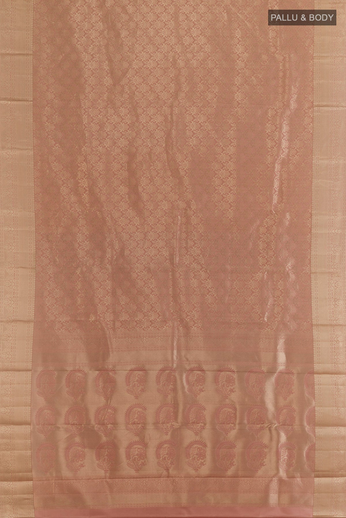 Flat view of Pure Silk Golden Peach Kanjivaram Saree with Zari Brocade on the body and Zari Border. 