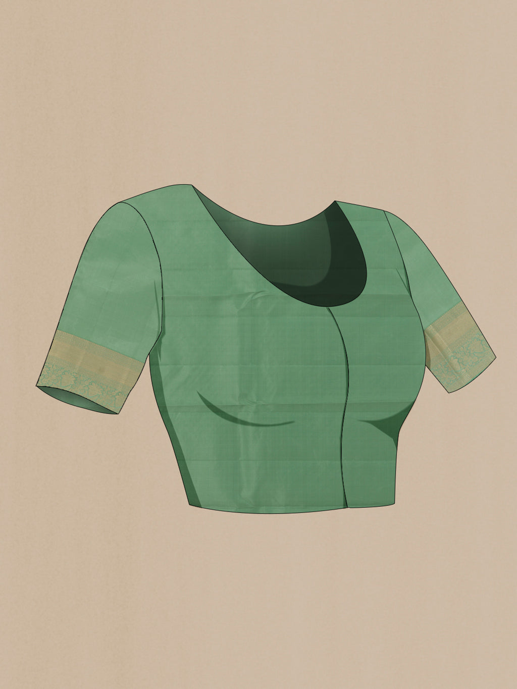 Close up image of the blouse of Pure Silk Mint Green Kanjivaram Saree with Zari Brocade on the body and Zari Border. 