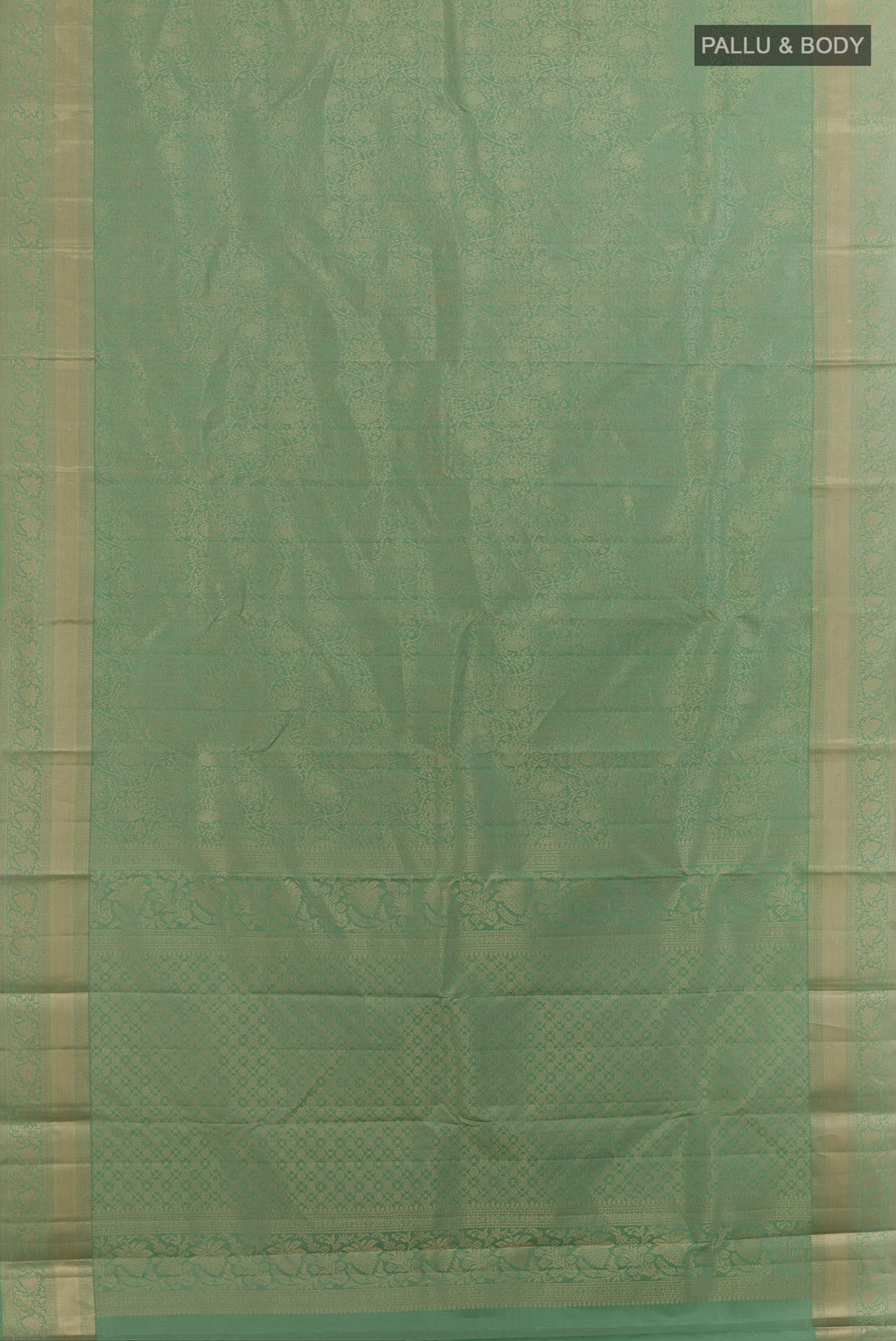 Flat view of Pure Silk Mint Green Kanjivaram Saree with Zari Brocade on the body and Zari Border. 