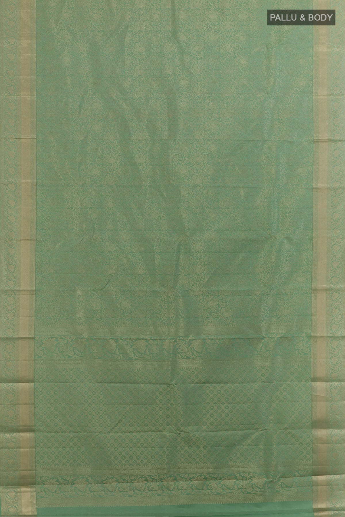Flat view of Pure Silk Mint Green Kanjivaram Saree with Zari Brocade on the body and Zari Border. 