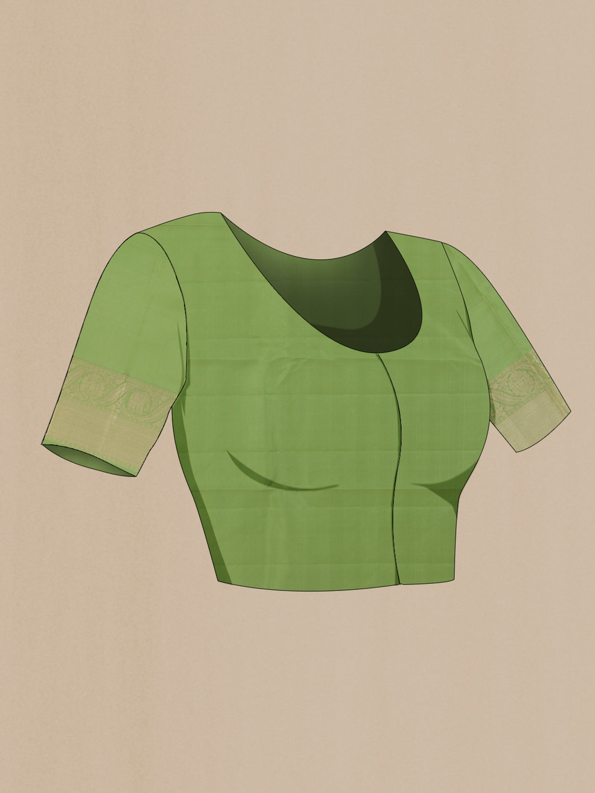 Close up image of the blouse of Pure Silk Pista Green Kanjivaram Saree with Zari Brocade on the body and Zari Border. 