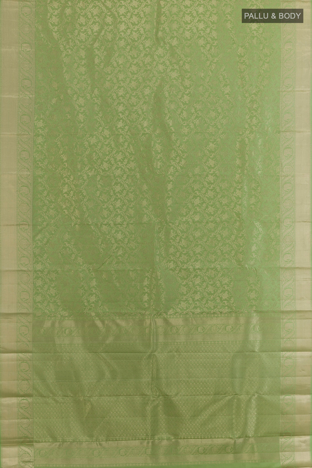 Flat view of Pure Silk Pista Green Kanjivaram Saree with Zari Brocade on the body and Zari Border. 